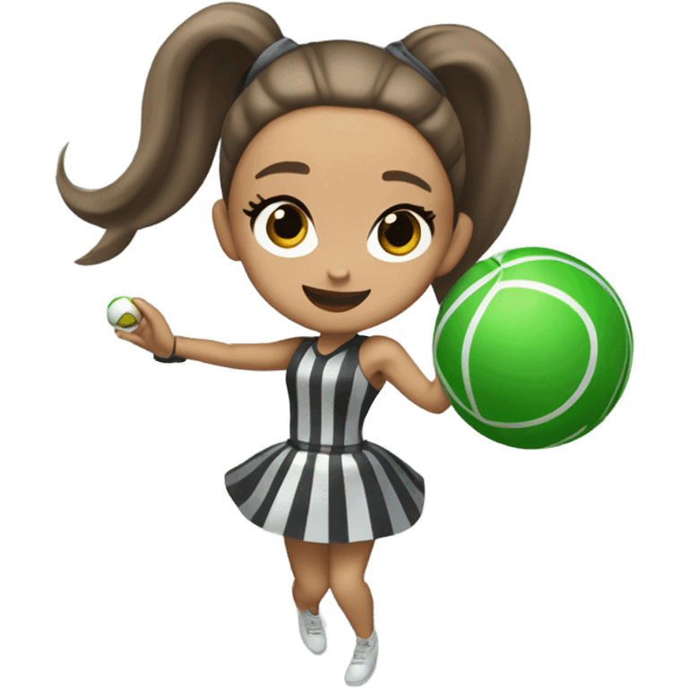 Ariana grande throwing a green ball with striped squares around it and a grey tag that’s metal and round  emoji