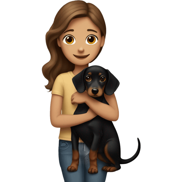 brown-haired girl hugging black dachshund with tan emoji