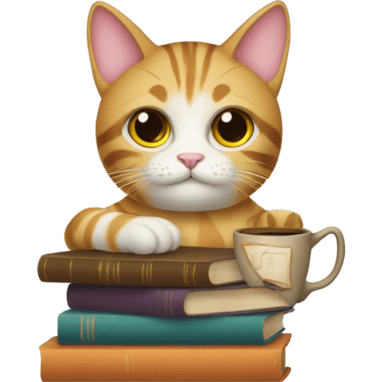 cat with coffee and books emoji