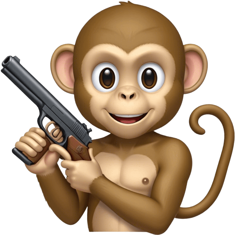 Monkey smiling while holding a fake gun straight in front of him emoji