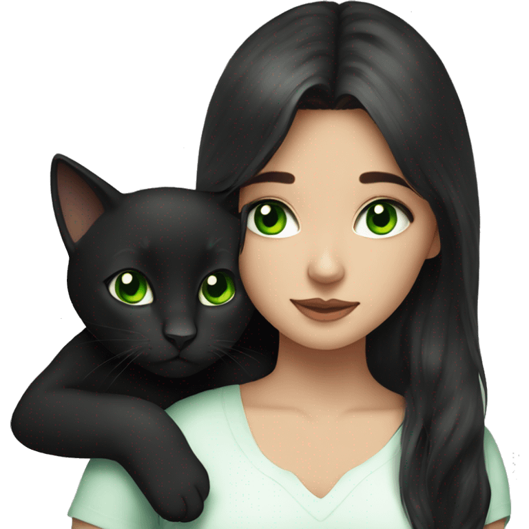 Brunette girl with green eyes cuddling black cat emoji