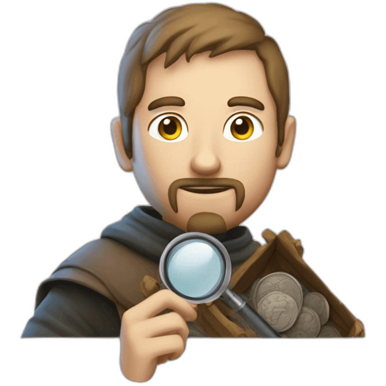 medieval coin collector, looking at a coin with a magnifying lense emoji