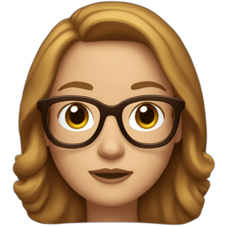 A classic Apple Memoji of a woman with long brown hair, brown eyes and golden frame glasses emoji