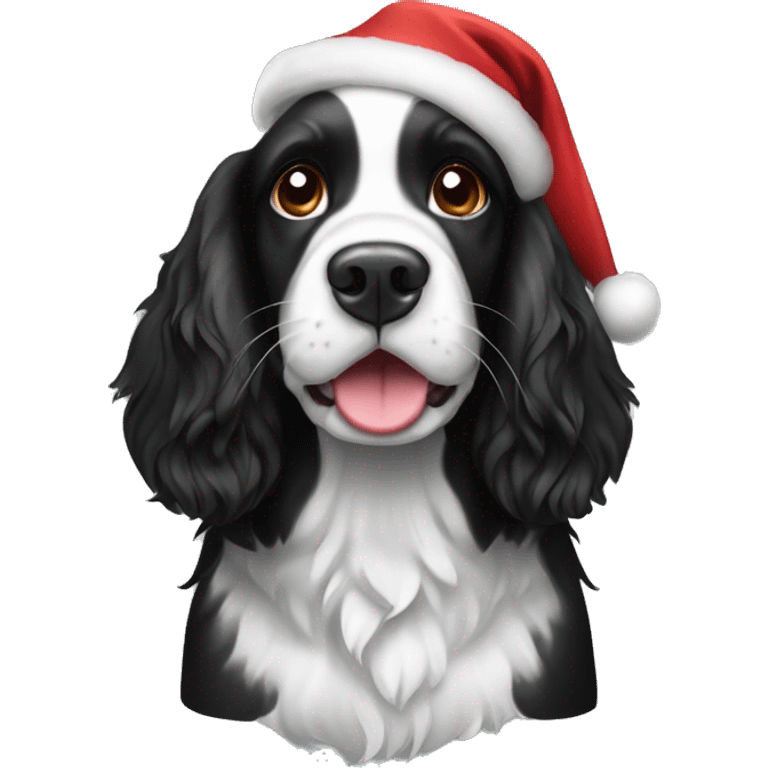 Black and white springer spaniel dog with Christmas hat emoji