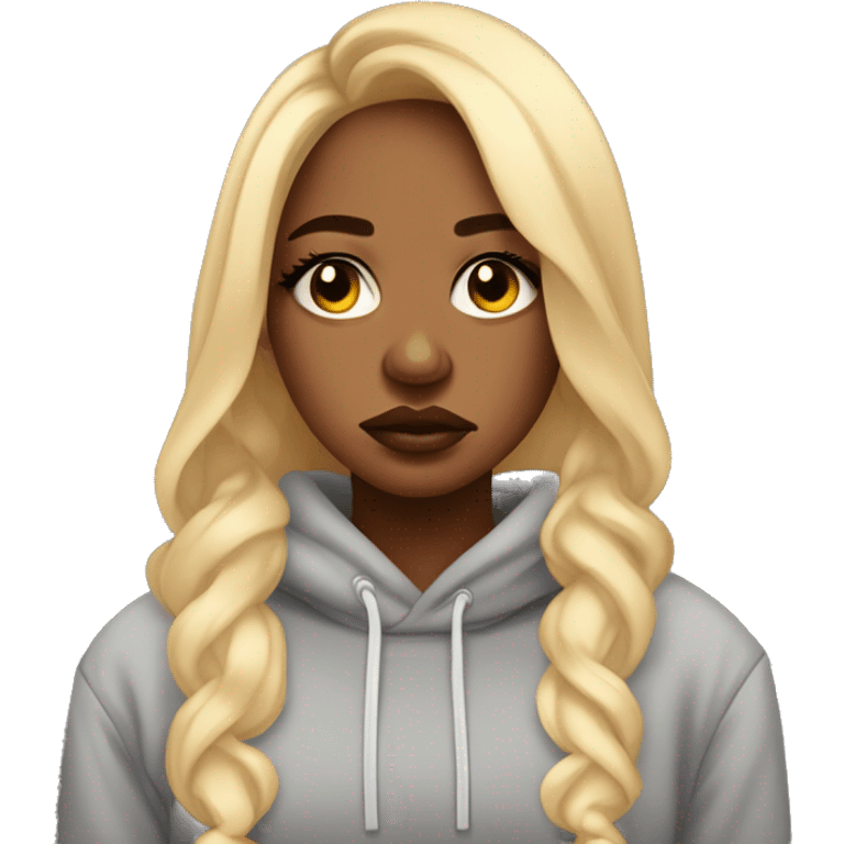 Sad crying, Beautiful black woman with long waste length blonde hair , in a cozy sweatsuit in, girl wearing makeup long lashes thick glossy lips. she is crying, she is sad  emoji