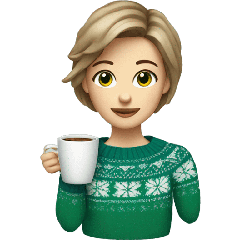 Light brown short haired girl with green eyes drinking coffee wearing blue Christmas sweater emoji