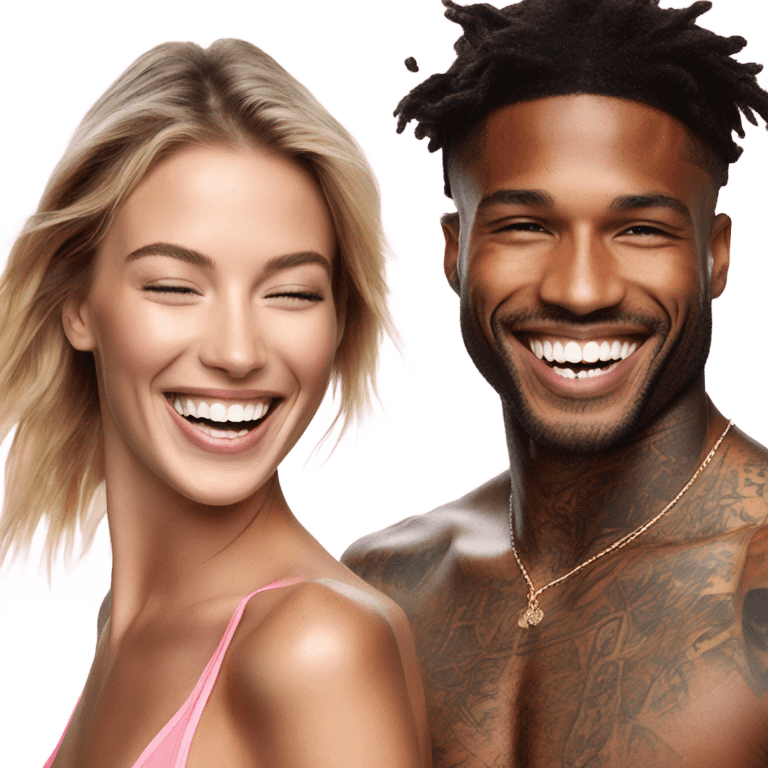 Photo of Victoria secret model laughing with a tattooed male model  emoji