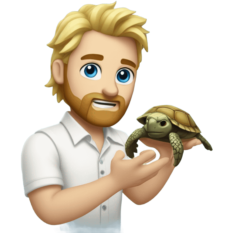 Man with blond spiked hair, beard, blue eyes, white shirt and wristwatch, holding a sea turtle with big eyes emoji