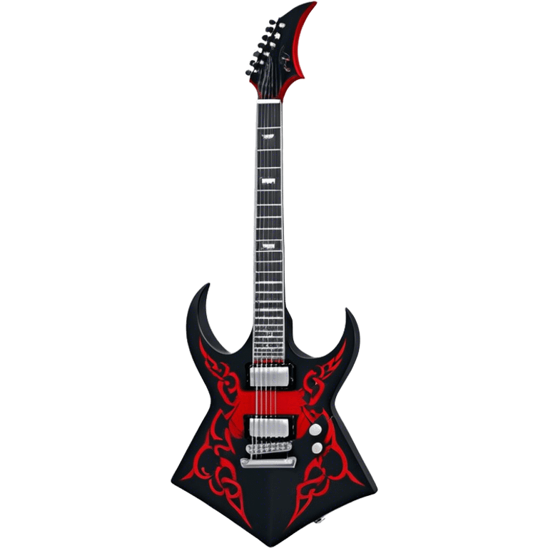  Create a bold and fierce emoji representing the Dean V Dave Mustaine ‘Angel of Death’ (VMNT AOD) electric guitar. The design should feature the sharp, V-shaped body of the guitar with an intricate, dark angel graphic on the body. The guitar should have a sleek black finish with contrasting elements like red and silver details. Include chrome tuning pegs and pickups to reflect its high-end craftsmanship. Subtle details like skulls, flames, or other gothic elements will emphasize its ‘Angel of Death’ theme. Use dark, metallic colors like black, silver, and red to evoke the heavy metal energy. The background should be transparent. emoji