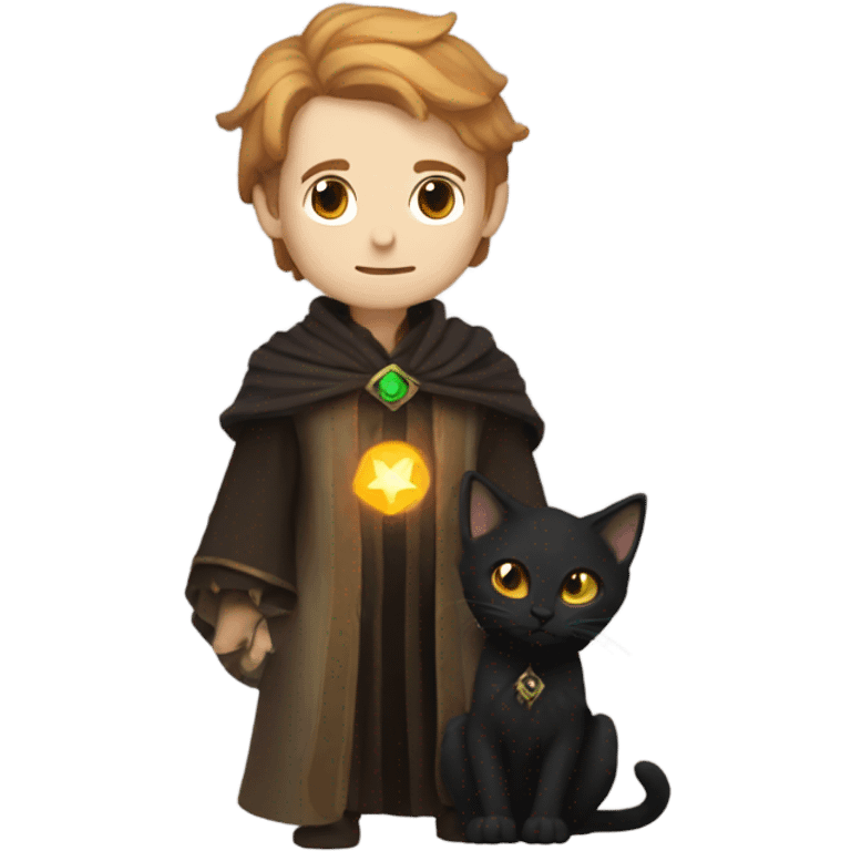 A sun warlock who is pale with brown hair and is holding a black kitten emoji