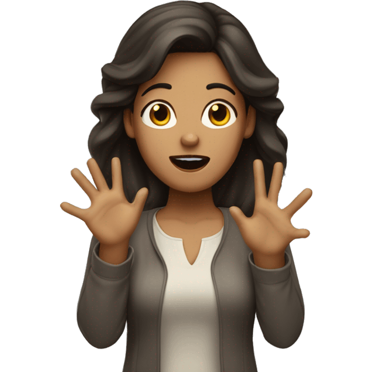 shocked woman with light skin dark brown hair hands up, surrendering emoji