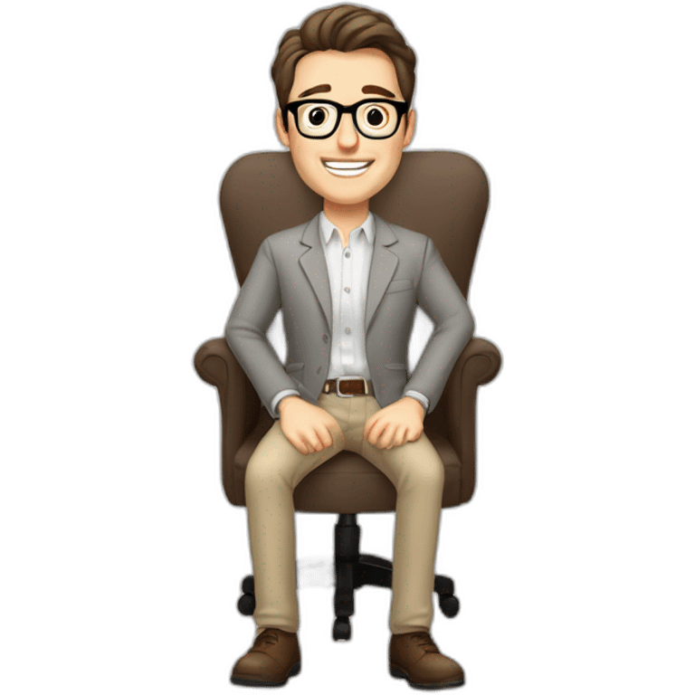 Joyful Pale skinned Fit Man With dark brown hair in gray jacket, beige office shirt, Brown pants and vintage glasses sitting In a soft chair. His thrumbs up emoji