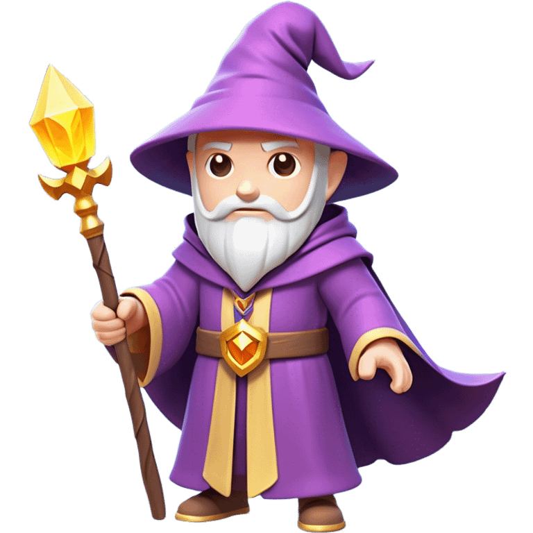 Clash of Clans aesthetic: Cinematic Playful Wizard Hero Emoji, rendered in a 3D vector-style similar to standard emojis with minimal shading and bold, simplified shapes. A compact, isometric figure draped in flowing enchanted robes and wielding a mystical staff, softly glowing with an arcane magical charm. Simplified yet unmistakably iconic, highly detailed and consistent, glowing with a soft radiant glow and high shine. Stylized with a touch of whimsical sorcery and a soft glowing outline, capturing the essence of a powerful wizard ready to cast spells with a friendly, playful spirit! emoji