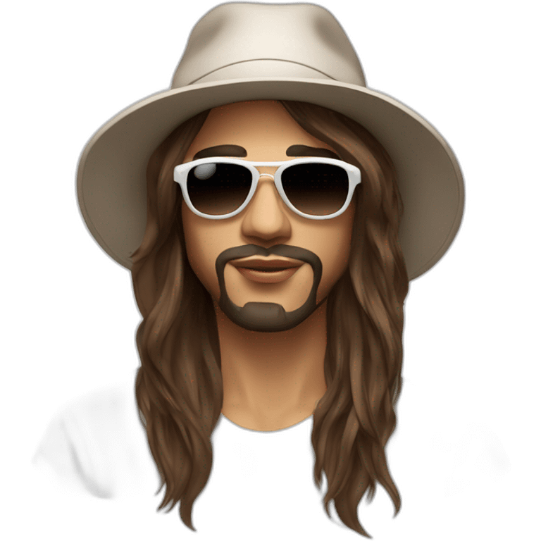 The french singer Lorenzo with this style : long brown hair white and short bucket hat and sunglasses emoji