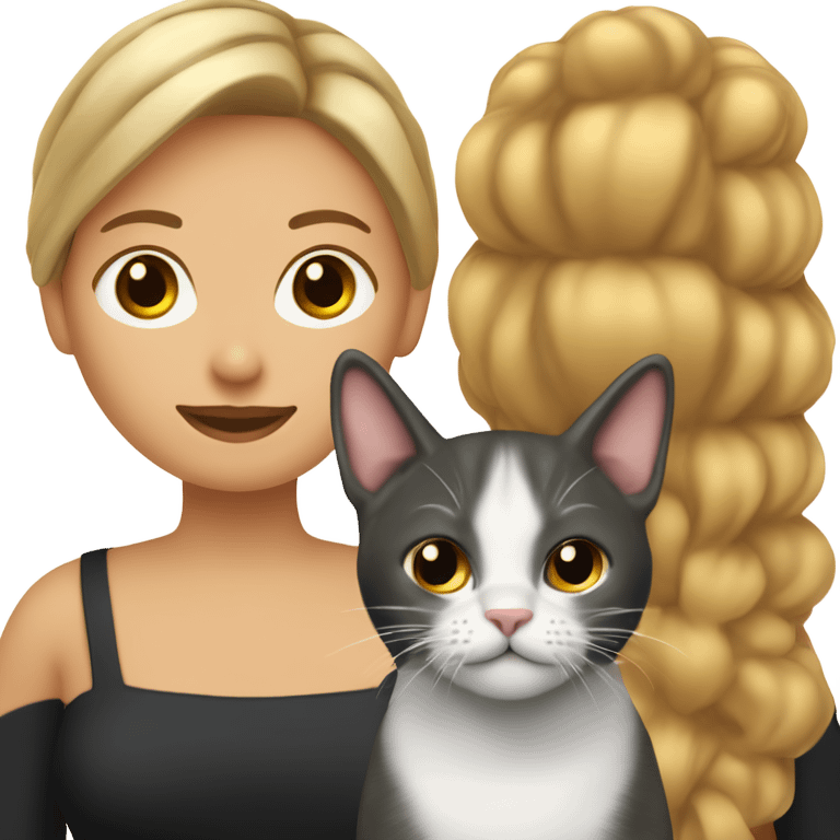 mujer de cabello rubio oscuro de tez trigueña clara con gato negro en los brazos emoji