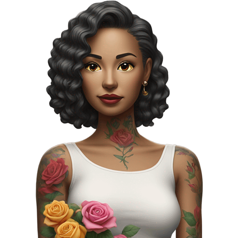 Hyper Realistic beautiful woman model with a small rose tattoo arranging flowers in a vase emoji