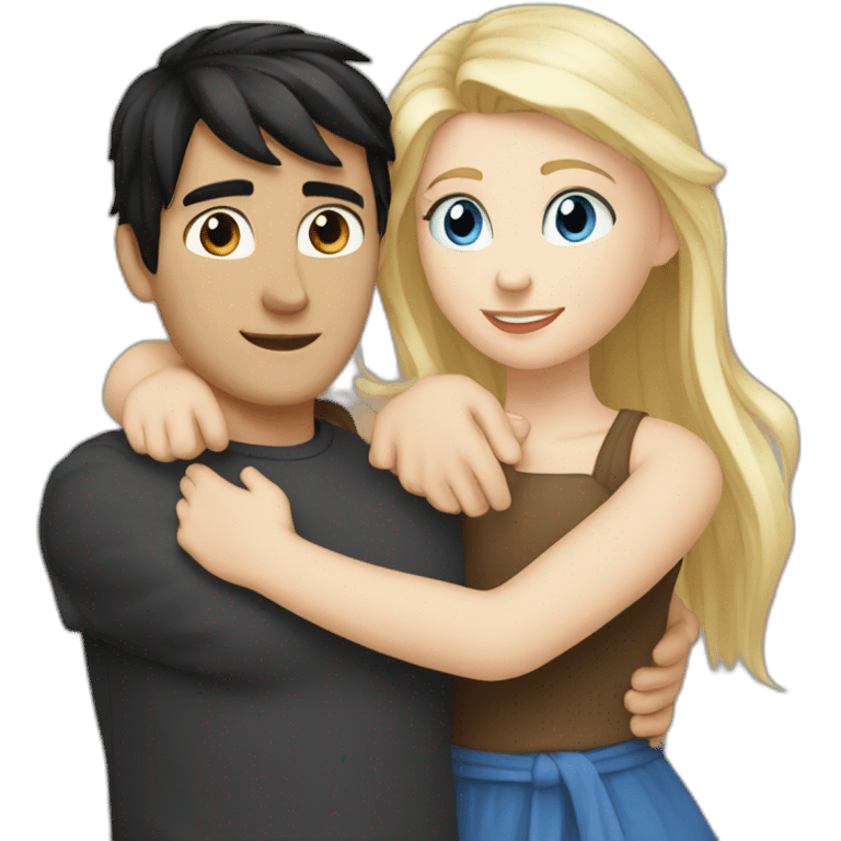 blond white girl with blue eyes hug white boy with black hair with pony-tail emoji