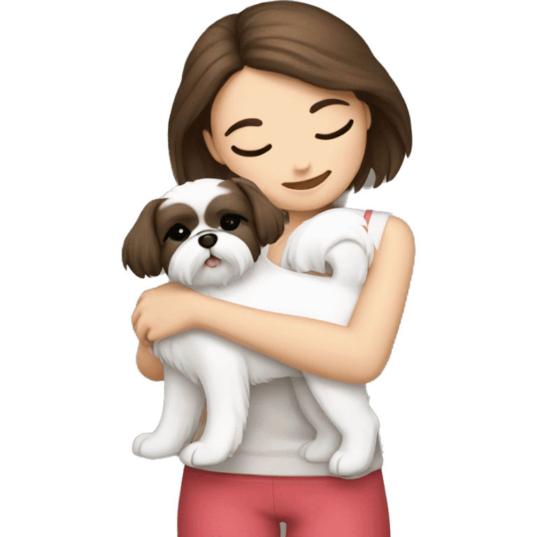 Brunette girl hugging her white Shih tzu emoji