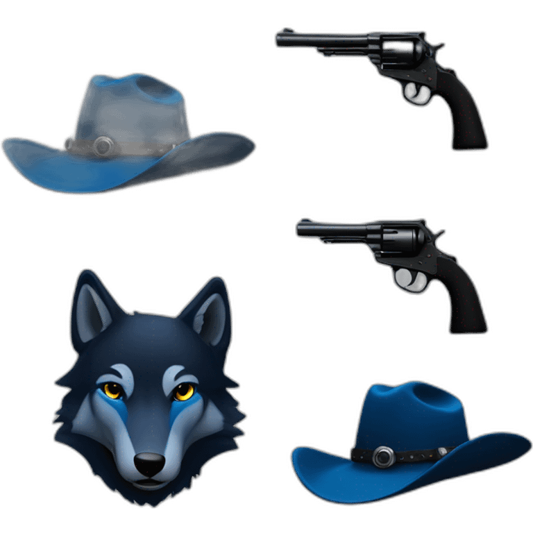 blue wolf. black cowboy hat, cowboy revolver emoji