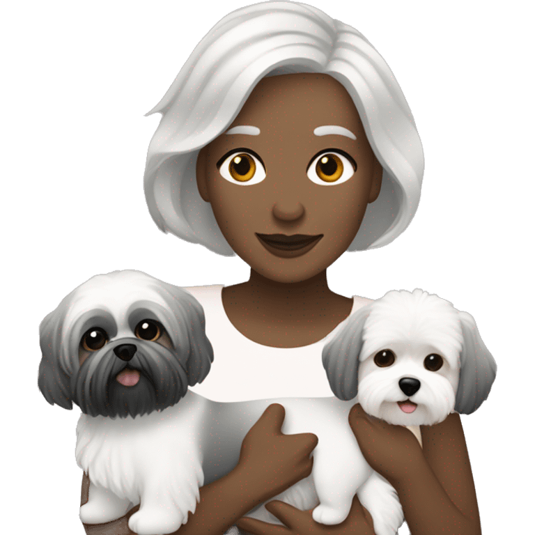 White women with short grey hair holding two dogs one black shih tzu and one white bichon frise emoji