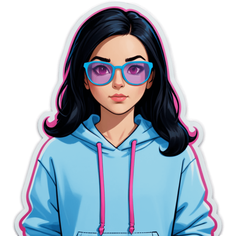 a white girlwith black hairdown with pink transparent glasses wearing a light blue hoodie emoji