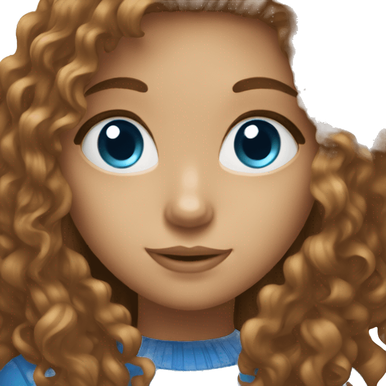 girl with long, brown and curly hair with blue eyes emoji