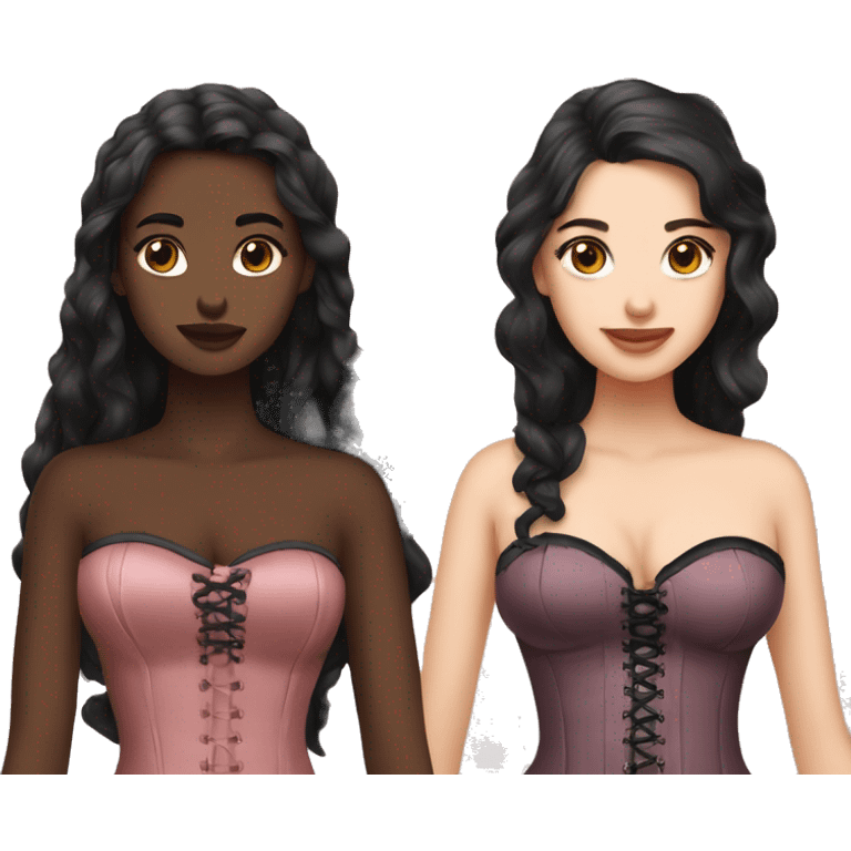 draw two girls separately in corsets with fair skin and brown eyes one has straight shoulder length black hair and the other with wavy long brown hair emoji