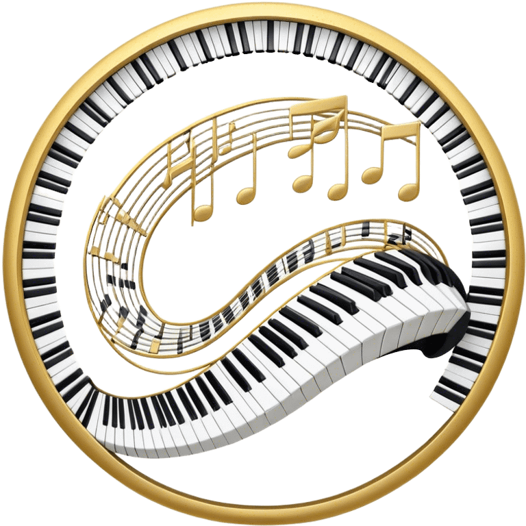 Create an elegant and festive emoji collage representing keyboard instruments, styled like a heraldic emblem. The design should feature a central focal point of black and white piano keys, arranged in a semi-circular or shield-like shape. Around the piano keys, add intertwining musical notes that form flowing ribbons, creating a dynamic and celebratory atmosphere. The design should be professional, with polished silver and gold accents on the keys and notes, highlighting the luxury and sophistication of the instruments. Add subtle shading and lighting effects to give the design a refined, 3D appearance. The background should remain transparent, and the overall feel should evoke grandeur, artistry, and a sense of celebration. emoji