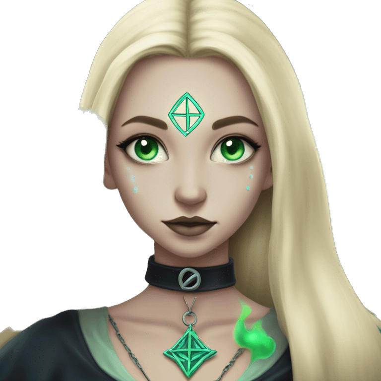 blonde witch girl with green eyes and straight hair with a birthmark above her upper lip wearing a pendative with a pentacle with a small blue stone inside doing tarot spread  emoji