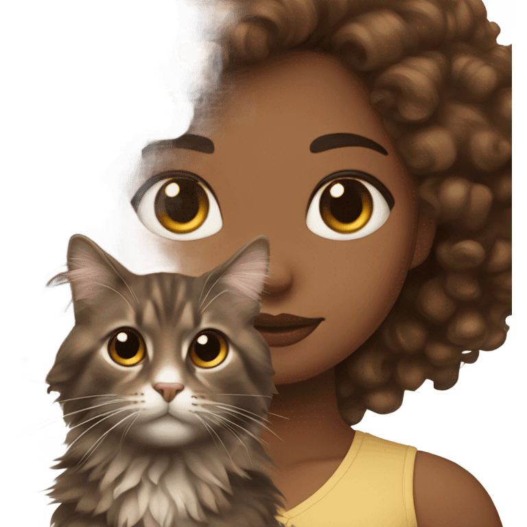 Brown skin girl with curly brown hair and long lashes with fat Norwegian forest cat emoji