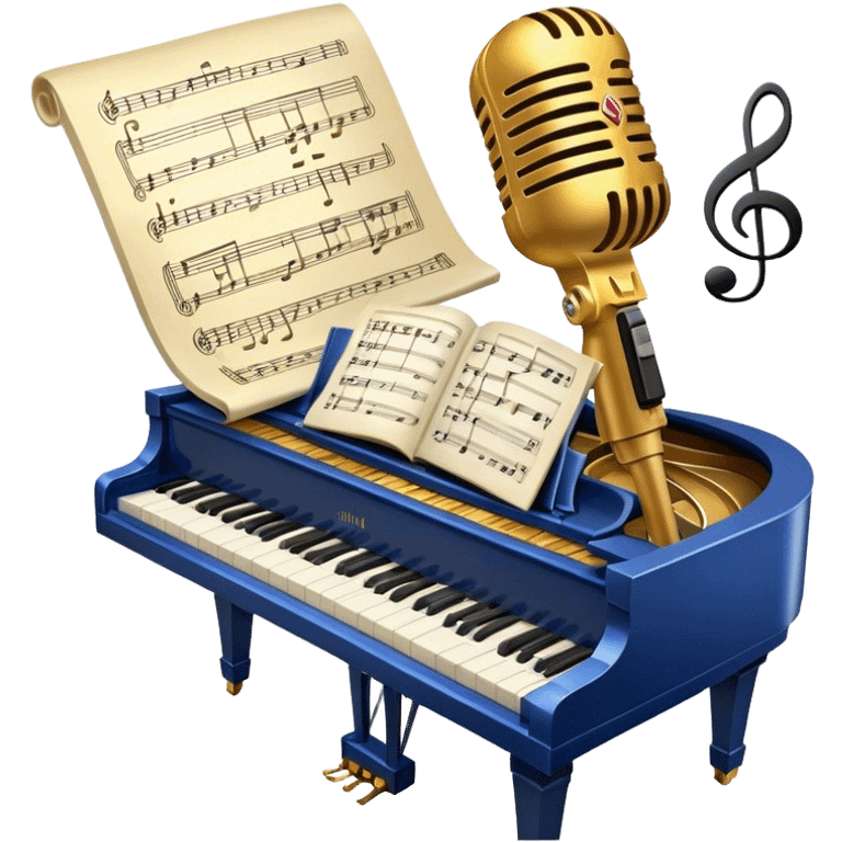 Create an elegant and refined emoji that represents classical or academic vocal performance. The design should feature a microphone, sheet music with musical notes, and a treble clef to symbolize the vocal artistry and music theory behind academic singing. Add subtle elements like a vocal warm-up chart or a grand piano to reflect the classical training. Use classic colors like gold, silver, and deep blue to emphasize sophistication and professionalism. The background should be transparent. emoji