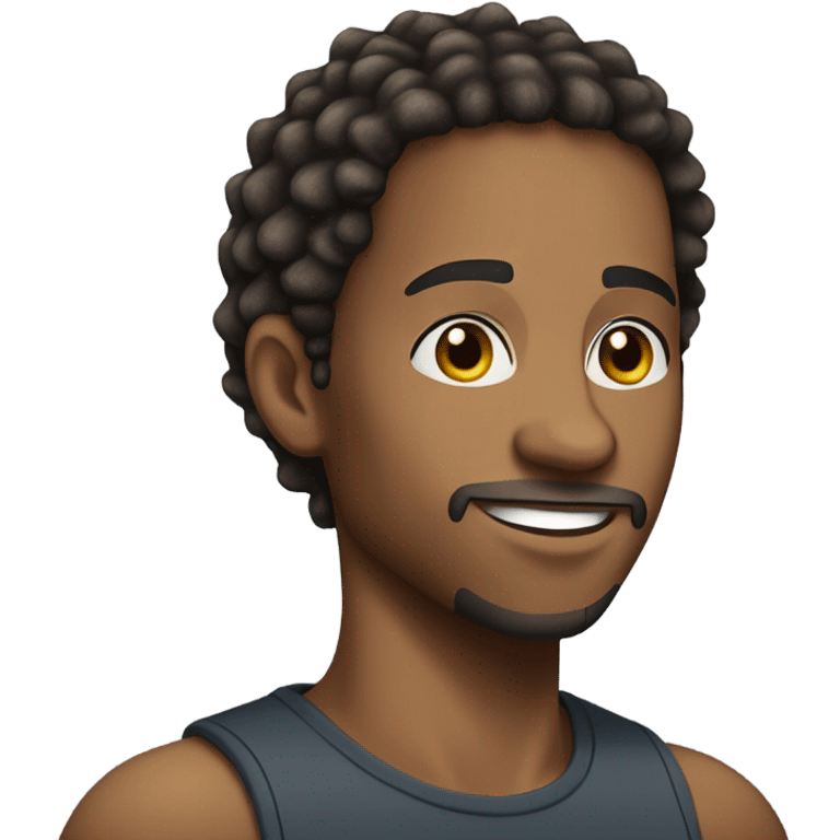 A young African-American male with short, thick dreadlocks, a friendly, confident smile, and a trimmed goatee. He has a slim but toned build, sharp facial features, and wears a cap. emoji