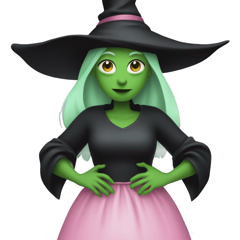 Witch dressed in black with green skin hugging pink dressed white witch emoji