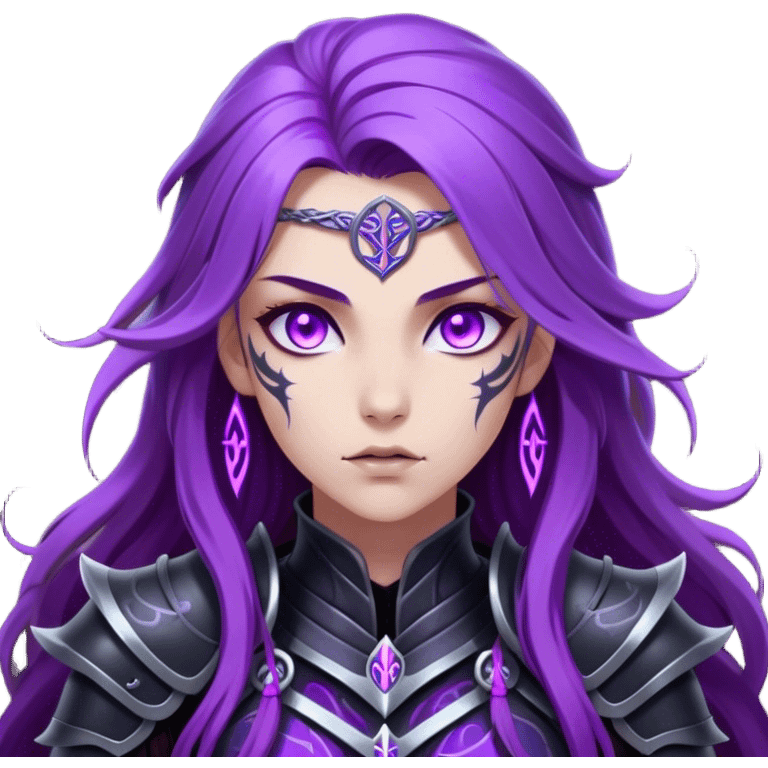 A mysterious warrior girl with long, flowing purple hair catching the dim light. Her glowing violet eyes stare forward, unwavering. She wears sleek black armor, adorned with silver runes that pulse faintly with hidden power. A dark mist swirls at her feet, hinting at the energy she commands. emoji