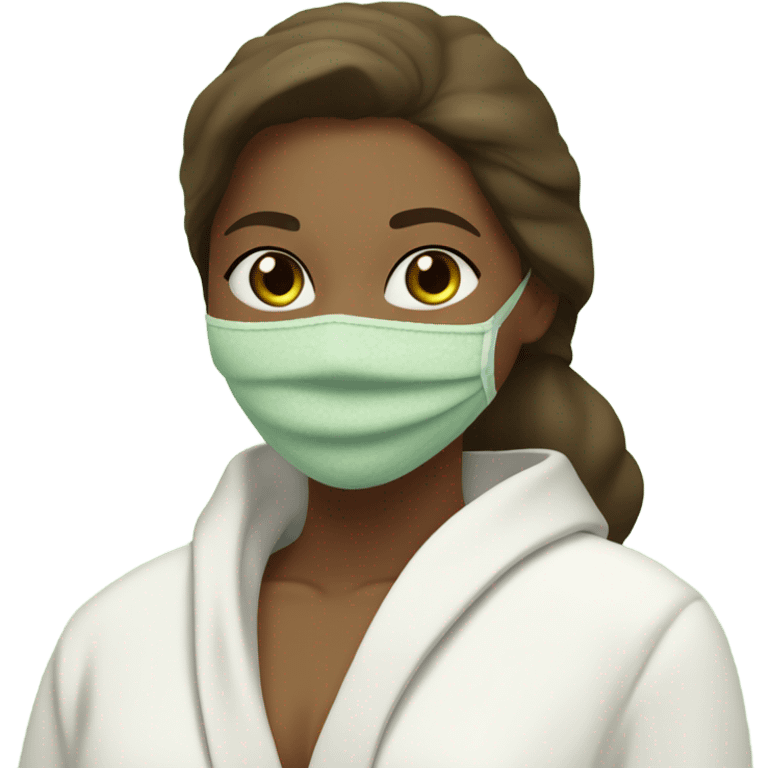 White girl with Brown hair and blue eyes wears a Green clay colored skincare textured mask and puts on cucumbers around her eyes while She relaxes in her white Robe emoji