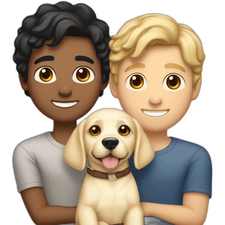 gay-couple,-1-guy-straight-blackhair australian-and-1-australian-white-guy-with-blackhair-slightly-curly-holding one light yellow labrador retriever puppy one labrador retriever puppy emoji