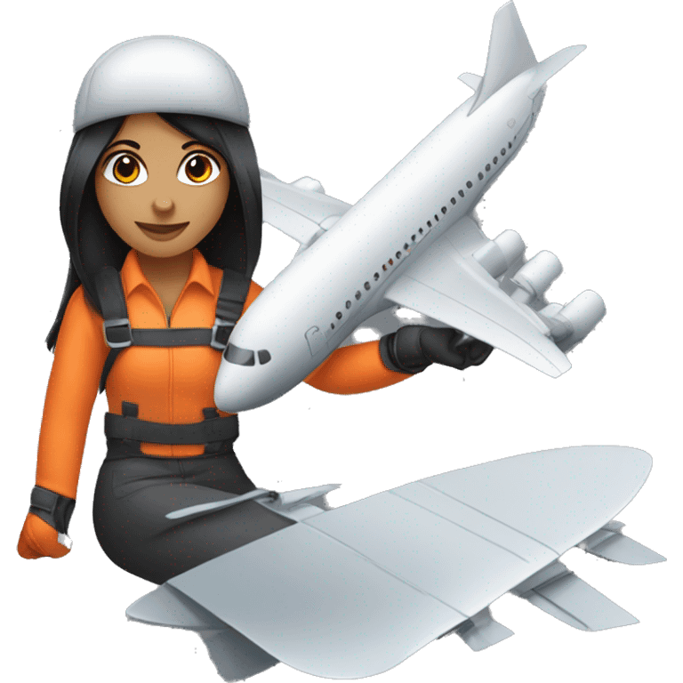 Hispanic girl with black hair & orange gloves working on airplane blade  emoji