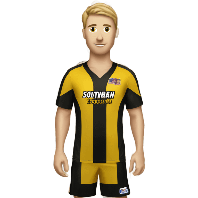 White man wearing a southern Mississippi women’s soccer jersey  emoji