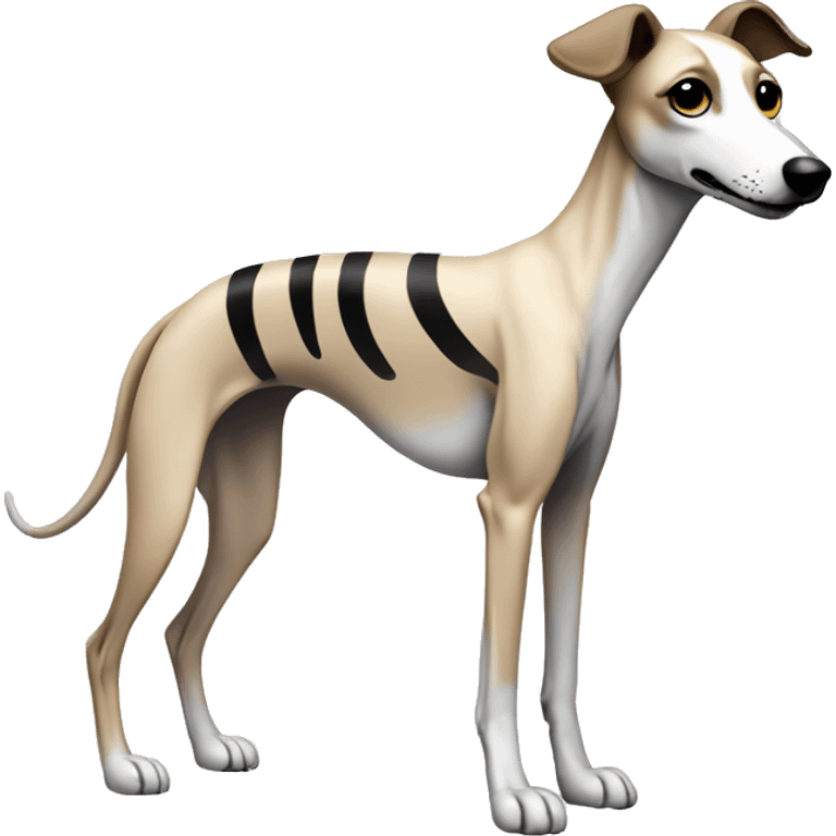 a beige with stripes whippet full body his The tip of the tail white colour and his left foot white color up up and a leash going out of frame, with a dark snout, black and white mouth patchy and black angel wing like eyes emoji