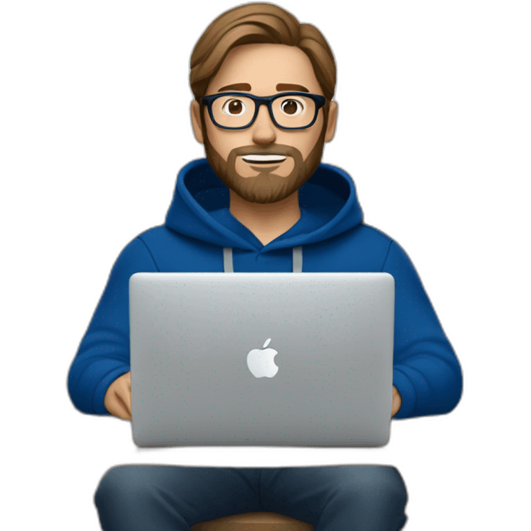 Brown hair white man with a beard and round glasses typing on apple computer wearing a dark blue nike hoodie emoji