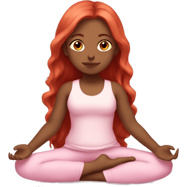 girl with long red hair in a baby pink outfit doing yoga emoji