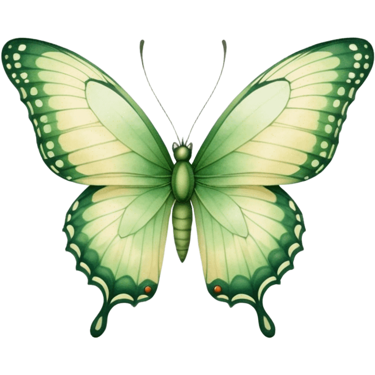 A delicate green butterfly with watercolor texture, featuring soft gradients and intricate wing details, set against a light beige background. emoji