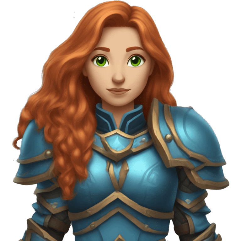 female human from world of warcraft, long ginger hair, green eyes, blue armor emoji