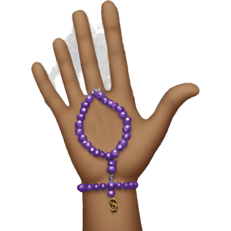 hand with purple bead bracelet holding money emoji