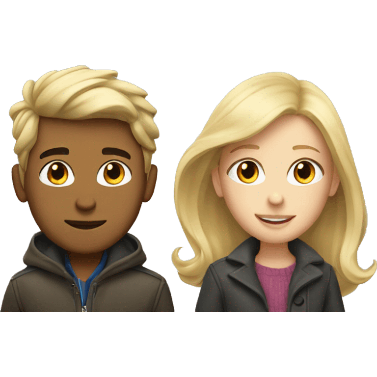 Blonde girl in coat with brunette boy love emoji