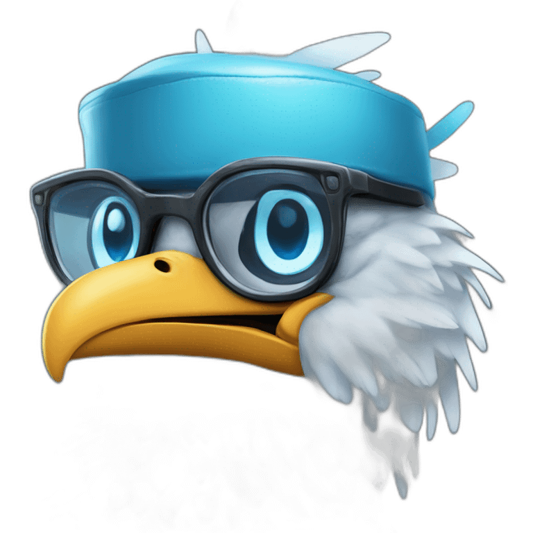 Crazy funny Cyberpunk Articuno head with beautiful smile wearing glasses and hat emoji