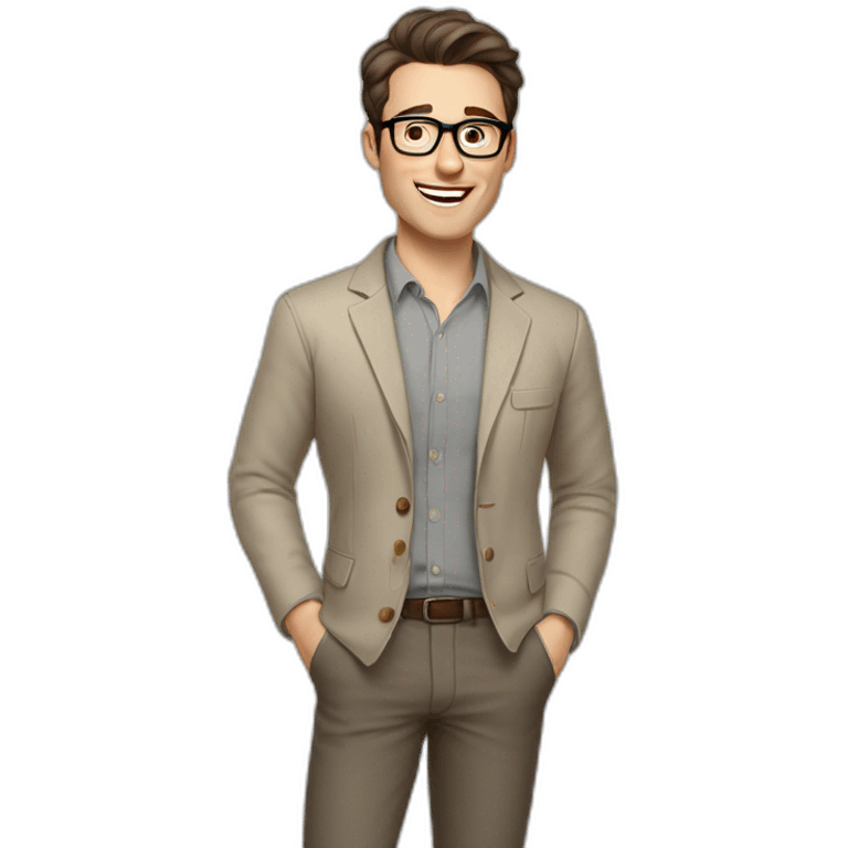 Joyful Pale skinned Fit Man With dark brown hair in gray jacket, beige office shirt, Brown pants and vintage glasses. His thrumbs up emoji