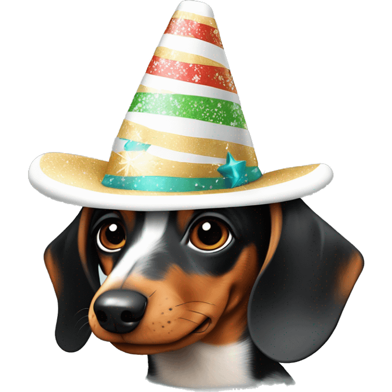 tricolor dachshund in a New Year's hat emoji