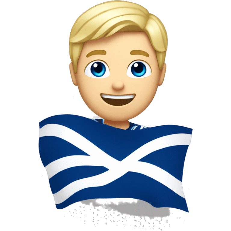 Male with blonde hair and blue eyes waving hand smiling with a Scotland flag 🏴󠁧󠁢󠁳󠁣󠁴󠁿  emoji