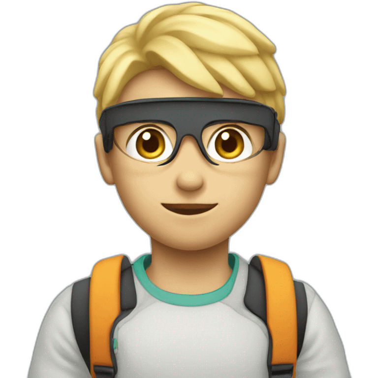 A boy with blond mesh, with an apple device in his hand and an apple logo on his wears emoji